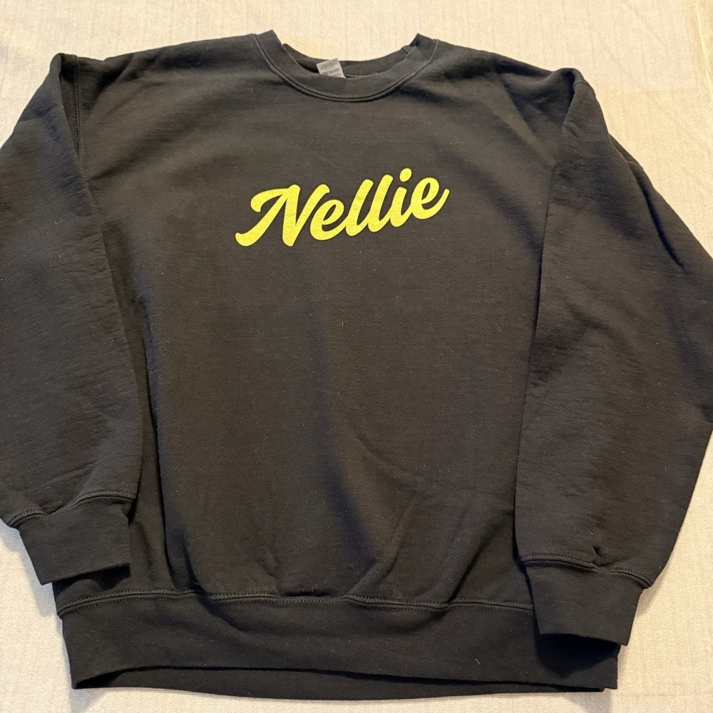 Custom Nellie Script Logo Black Crewneck Sweatshirt Gildan DryBlend Large